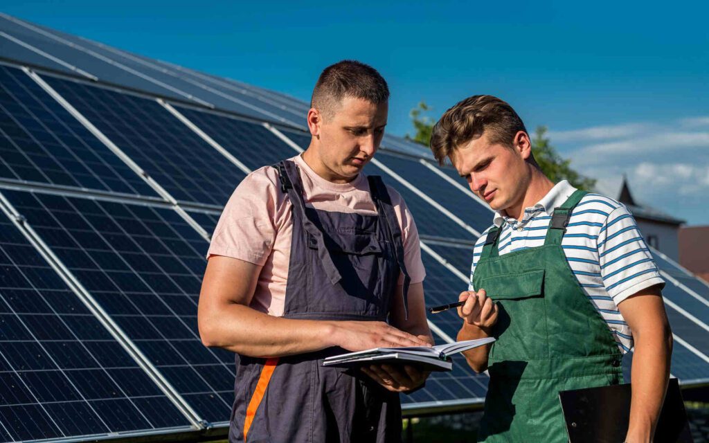 Two technicians review a checklist during a solar panel maintenance inspection on a sunny day.