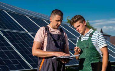 Two technicians review a checklist during a solar panel maintenance inspection on a sunny day.