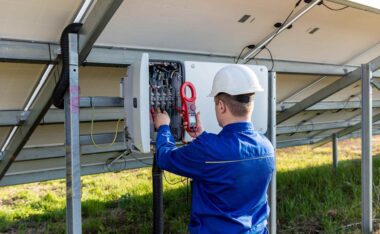 Technician inspecting a solar panel inverter with a multimeter to check voltage levels.