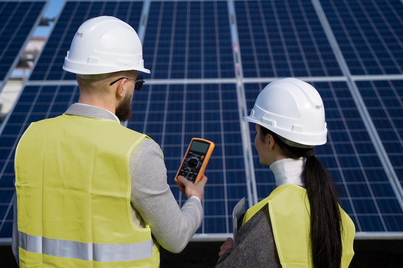 Two engineers wearing safety helmets and vests inspecting solar panels using a tablet