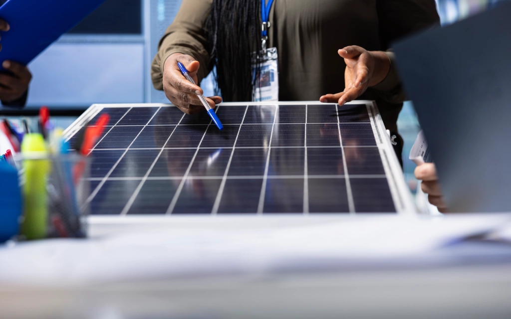 A professional pointing at a solar panel during a team discussion about Power on BH in a technical workspace.